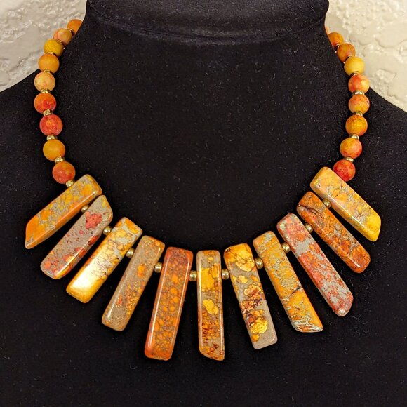 Southwestern Neon Orange & Brown Jasper Stick Bib Statement Necklace - Picture 1 of 3